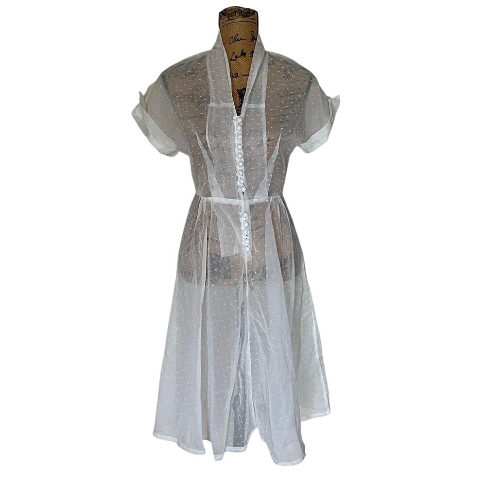 Vintage 1950s Ivory Flocked Button Sheer A-Line Midi Dress Women’s XS/S 26”